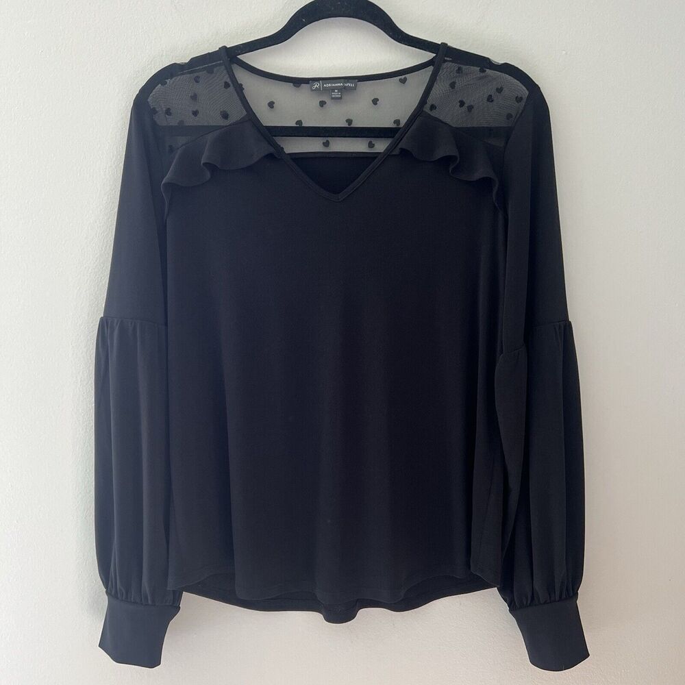 Adrianna Papell Shirt Womens Medium Black Heart Mesh Ruffle Yoke Top Blouse